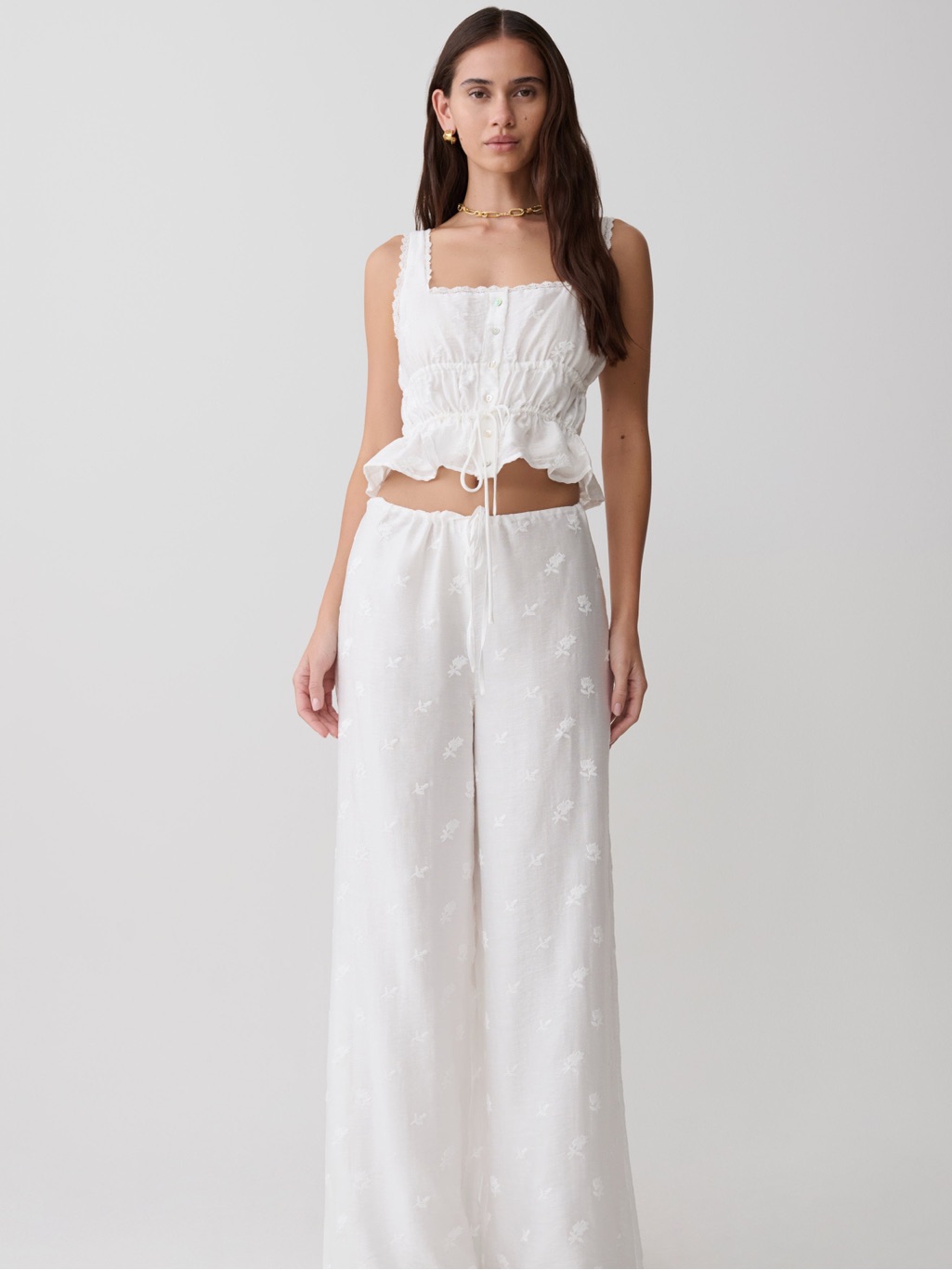 Vivian White Wide-Leg Embroidered Pants